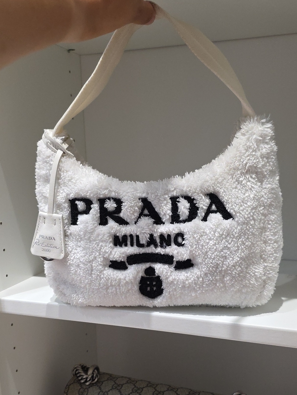 Prada White Shearling Milano Logo Shoulder Bag